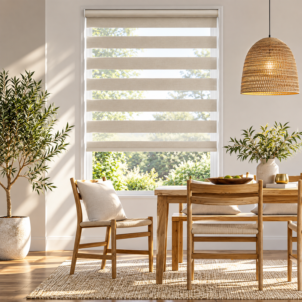 Comedor escandinavo con persianas zebra