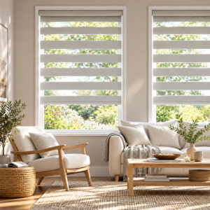 Salón escandinavo con persianas y naturaleza